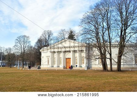 Kitchen Building of Yelagin Palace in St.Petersburg at cloud spring day Russia.