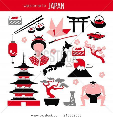 Set of Japan Tokyo, and East culture symbols. Collection icons Japanese pagoda and Fuji, geisha and sumo wresler, sakura, bonsai, tea and sushi, origami and fan. Asia vector illustrations.
