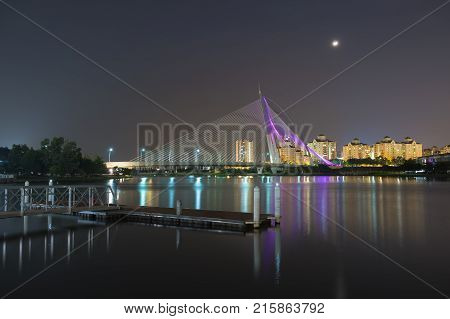 View of the Seri Wawasan Bridge at night. Putrajaya Kuala Lumpur, Malaysia.