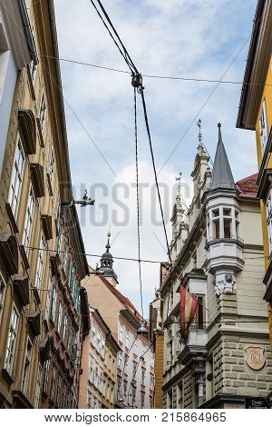 Graz, Austria - August 11, 2017: Low angle view of old buildings in historical city center of Graz