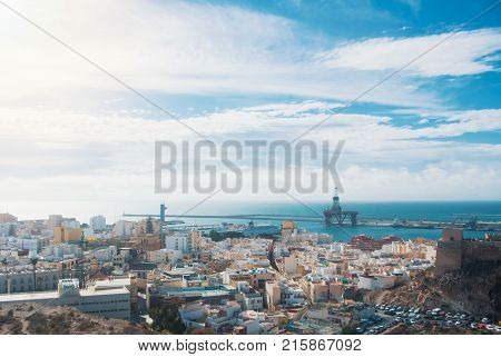 Aerial Panoramic View Of Almeria Old Town And Port From The Castle (alcazaba Of Almeria) Over The Mo
