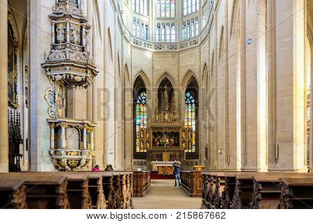 Kutna Hora, Czech Republic - Nivember, 24, 2017: interior of St. Barbara cathidral in Kutna Nova