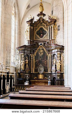 Kutna Hora, Czech Republic - Nivember, 24, 2017: interior of St. Barbara cathidral in Kutna Nova