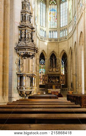 Kutna Hora, Czech Republic - Nivember, 24, 2017: interior of St. Barbara cathidral in Kutna Nova
