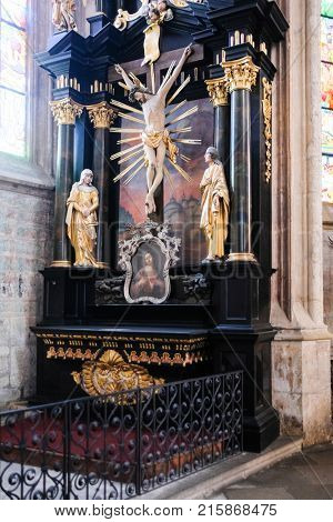 Kutna Hora, Czech Republic - Nivember, 24, 2017: interior of St. Barbara cathidral in Kutna Nova