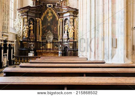 Kutna Hora, Czech Republic - Nivember, 24, 2017: interior of St. Barbara cathidral in Kutna Nova