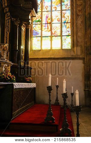 Kutna Hora, Czech Republic - Nivember, 24, 2017: interior of St. Barbara cathidral in Kutna Nova