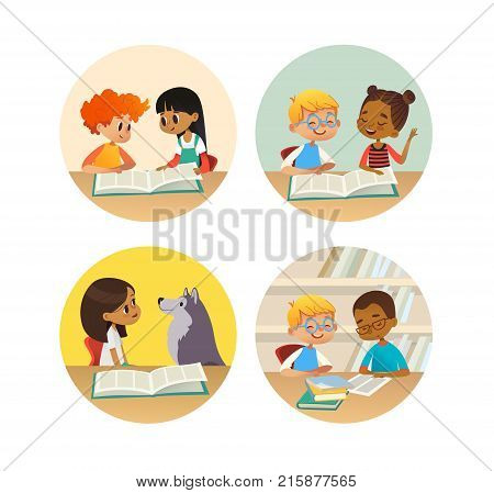 Collection of smiling children reading books and talking to each other at school library. Set of school kids discussing literature in round frames. Cartoon vector illustration for banner, poster