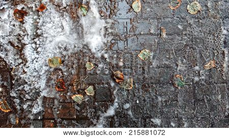 Dirty tracks of snow on the asphalt, the first snow, in the city. Bad ecology, dirty snow. Footprint of shoes on concrete tiles in the city of November. Leaves on the road, white snow.