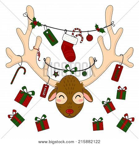 Reindeer head with christmas gift box and presents stocking. Sale tag labels
