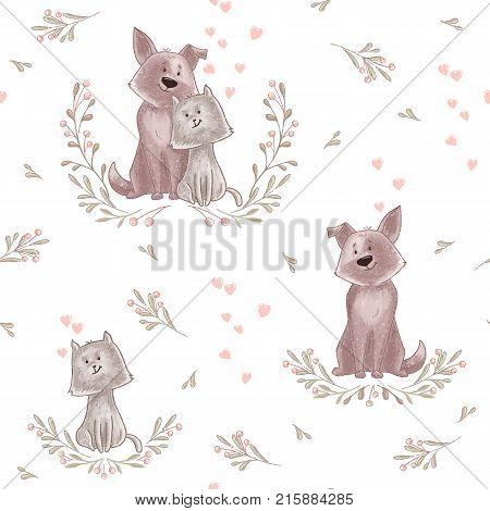 Cute animal pattern. Cat and dog couple, flower and hearts. Ornament for kids print and baby fabric, wallpaper and textile. Wrapping paper Valentane day, wedding and ronatic gift.