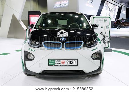 DUBAI UAE - NOVEMBER 18: The BMW i3 of Dubai Police electric car is on Dubai Motor Show 2017 on November 18 2017