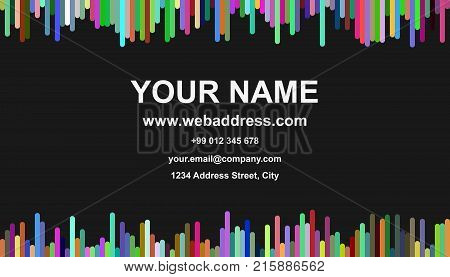 Colorful business card template design - vector personal information illustration with vertical stripes in multicolored tones on black background