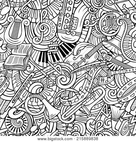 Cartoon cute doodles Classical music seamless pattern. Line art, detailed, with lots of objects background. All elements separate. Backdrop with musical instruments objects