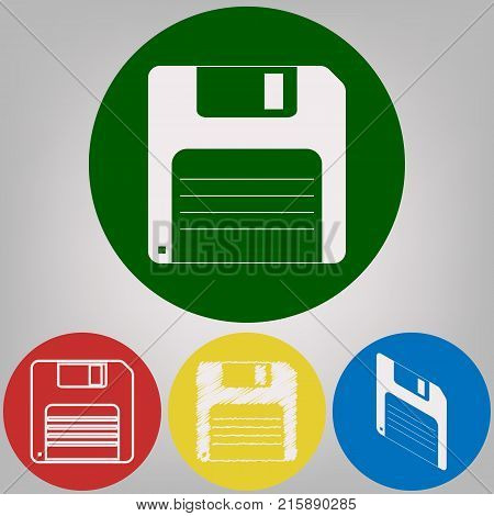 Floppy disk sign. Vector. 4 white styles of icon at 4 colored circles on light gray background.