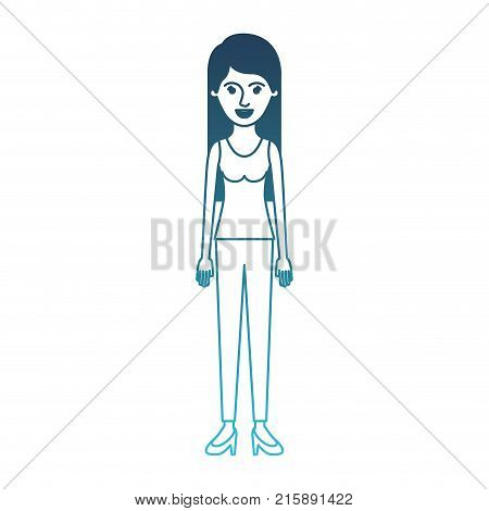 woman full body with t-shirt sleeveless and pants and heel shoes with long straight hair in degraded blue silhouette vector illustration