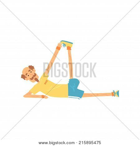 Energetic old man lying on side and doing stretching. Elderly person gymnastics exercise before training. Active male character with mustache and beard in sportswear. Isolated flat vector design.