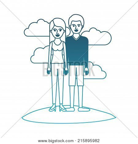 couple in degraded blue silhouette scene outdoor and her with t-shirt sleeveless and pants and heel shoes with long straight hair and him with sweater and short pants and shoes with short hair vector illustration