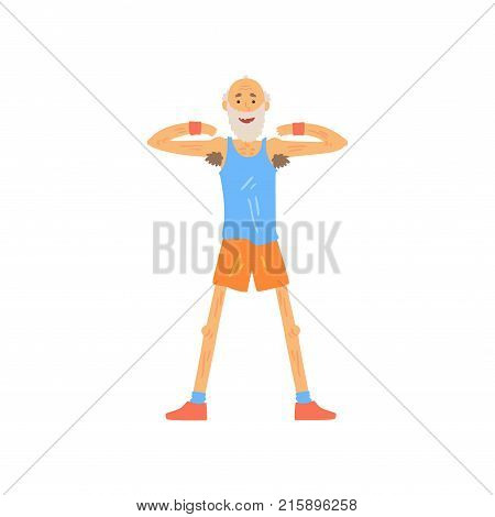 Happy bearded old man standing isolated on white and raising arms at shoulder level. Cartoon athletic male character doing gymnastics exercise. Healthy lifestyle. Isolated flat vector illustration.