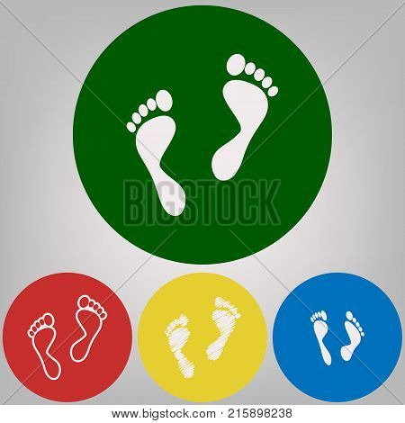 Foot prints sign. Vector. 4 white styles of icon at 4 colored circles on light gray background.