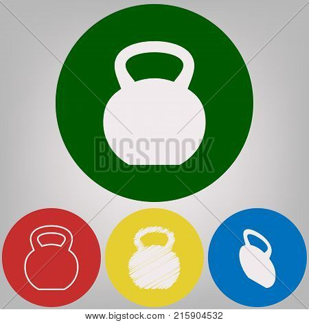 Fitness Dumbbell sign. Vector. 4 white styles of icon at 4 colored circles on light gray background.
