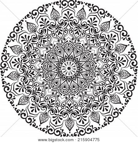 abstract vector with floral round lace mandala decorative element in ethnic tribal style black line art on a white background