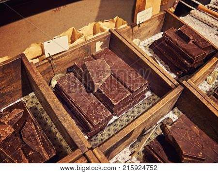 Chocolate biscuits lie on the shop window in the store
