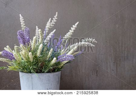 Basket with a white and blue flowers against grey wall. Decor of inside place