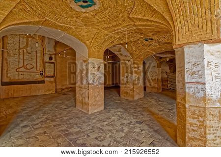 NAIN, IRAN - MAY 6, 2015: Arcade hall of the old Jame mosque in Iran.