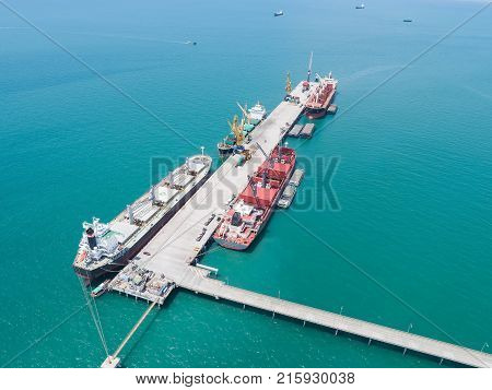 container ship commercial vessel alongside in port for loading and discharging containers services in maritime transports in World wide logistics