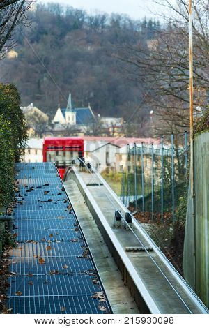 Red funicular rides from Smichov to Mrazovka park in Prague, Czech Republic