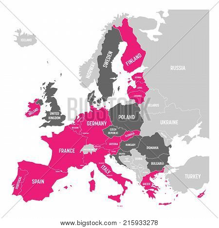 Map of Eurozone. States using Euro currency. Grey vector map with pink highlighted member countries.