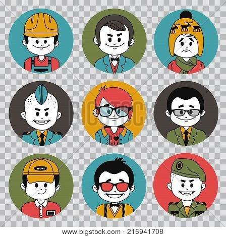 People avatars collection. Professions vector flat icons on transparent background. Soldier, businessman, manager, teacher, banker, showman, tennis player, accountant and coach