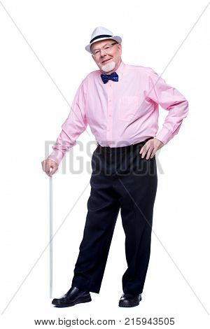 The old man standing with walking stick. Back hurts, radiculitis. Health care for the elderly people.