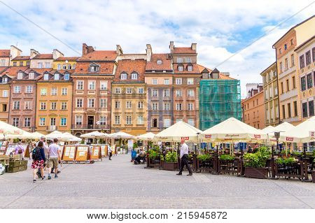 WARSAW POLAND - MAY 23 2017: The Old Town Market Place in Warsaw. In Polish it is called Rynek Starego Miasta. It is the oldest and most central part of the old town in the capital of Poland.