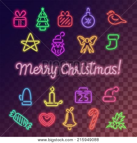 Neon icons colorful set. Text Merry christmas in the middle. Decorative symbols of winter holidays.