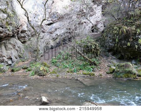 Mountain Caucasian river surrounded by picturesque autumn nature