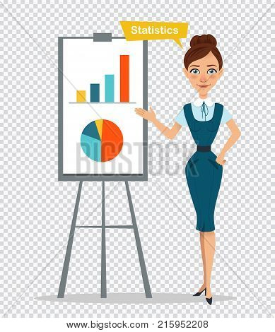 Woman character standing near flipchart. Concept Statictics.Woman showing diagram and histogram. Business illustration on transparent background.