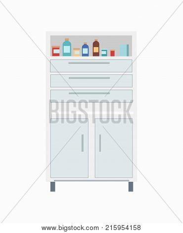 Locker with medicine icon isolated on white background. Vector illustration of white ambry with colorful bottles with labels for names