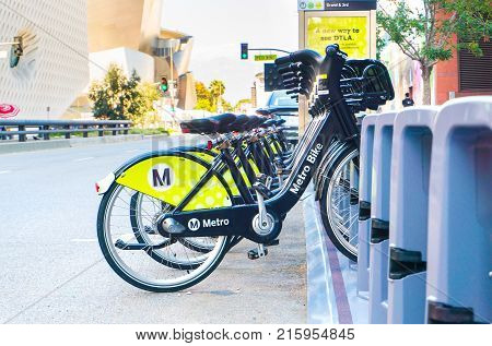 LOS ANGELES USA - AUGUST 27 2017: Metro Bike Share is a bike sharing and rental system in Los Angeles. Editorial.