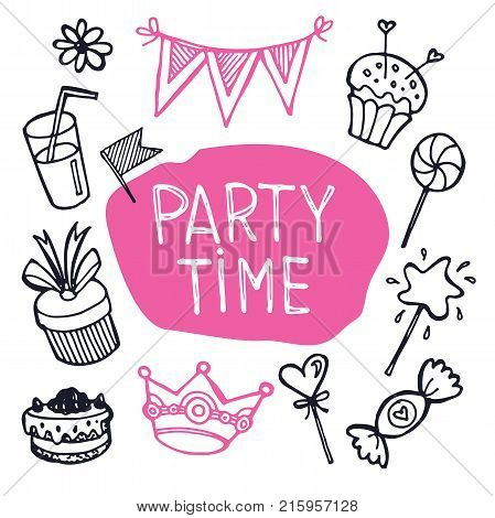 Hand drawn doodle party time set. Pattern