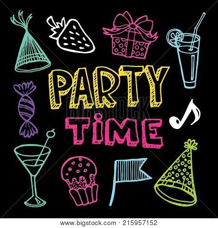 Hand drawn doodle party time set. Pattern