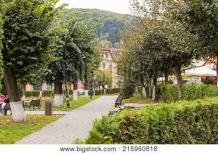 Sighisoara Romania October 08 2017 : Fragment of Hermann Oberth square near to the entrance to the old town in Sighisoara city in Romania
