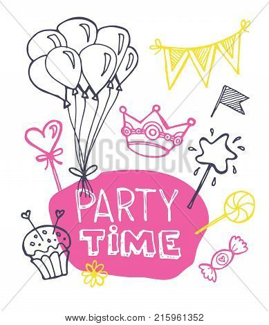 Hand drawn doodle party time set . Pattern