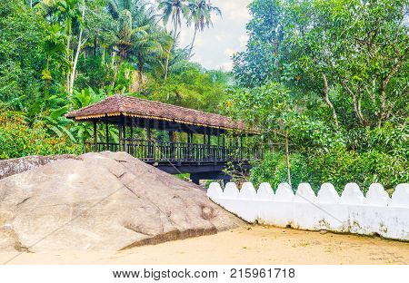 The view on ancient Bogoda Wooden Bridge surrounded by lush jungle forest Ketawala Sri Lanka.