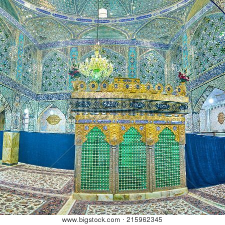 YAZD IRAN - OCTOBER 17 2017: Holy Shrines of Iran boasts beautiful interior decorated with small pieces of glass on October 17 in Yazd