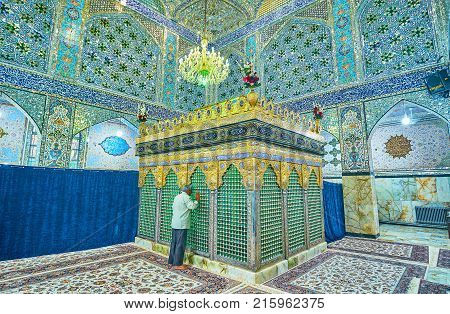 YAZD IRAN - OCTOBER 17 2017: Prayer hall of Sahhzade Fazel Holy Shrine decorated with small pieces of glass and tiles with floral pattern on October 17 in Yazd