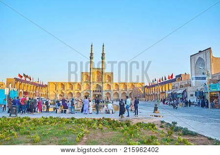 YAZD IRAN - OCTOBER 17 2017: Amir Chakhmaq square is the most photogenic place in the city that attracts tourists and locals on October 17 in Yazd