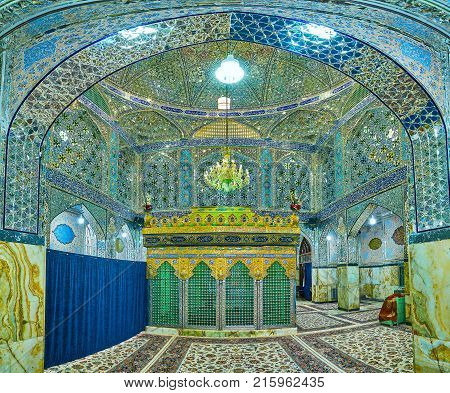 YAZD IRAN - OCTOBER 17 2017: Panoramic view on Shahzade Fazel Holy Shrine decorated with small pieces of mirror on October 17 in Yazd
