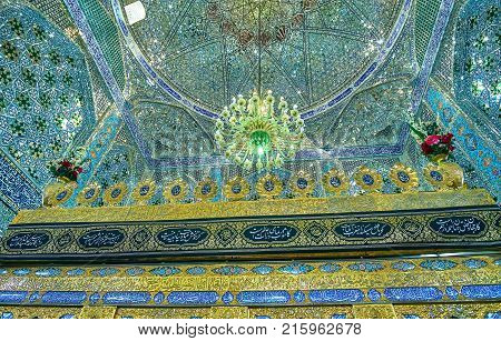 YAZD IRAN - OCTOBER 17 2017: The view on decorative gilded elements of the tomb of Fazl Ibn-Musa in Shahzade Fazel Shrine on October 17 in Yazd